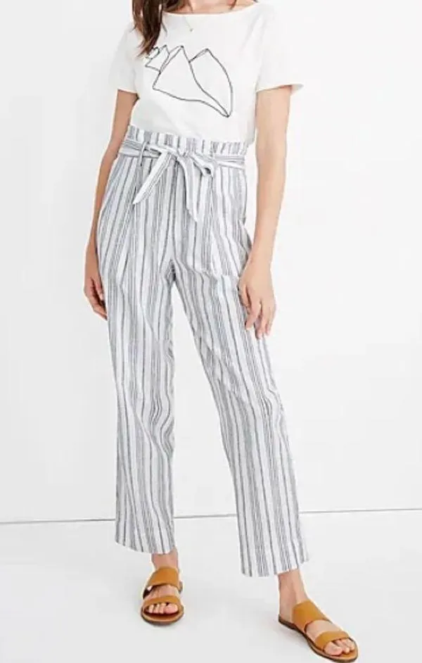 Madewell Linen-Cotton Paperbag Pants in Dark Baltic Stripe - Image 2