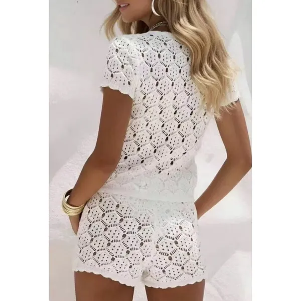 Women's Crochet 2 PC Beach Swim Coverup Set Short Sleeve & Shorts Sexy White XS - Image 2