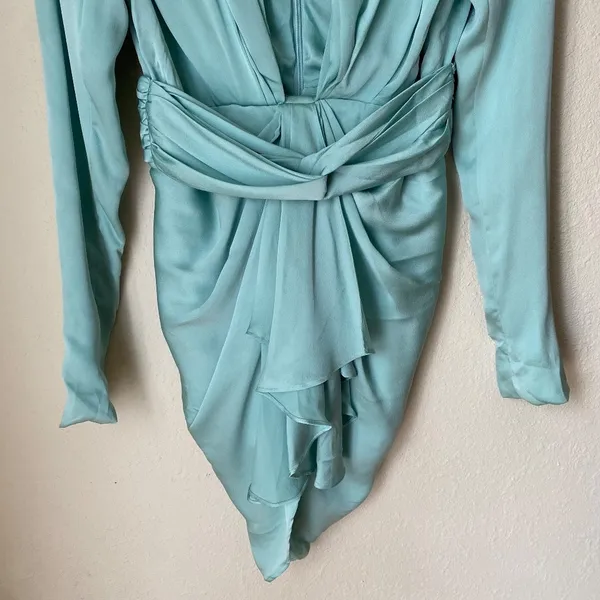 House of CB Pascale Aqua Draped Plunge Satin Mini Dress Womens Size M Mint Green - Image 13