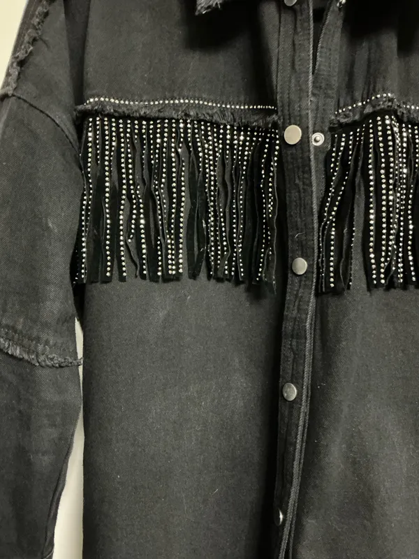 Zara Rhinestone Fringe Black Denim Jacket - Image 3