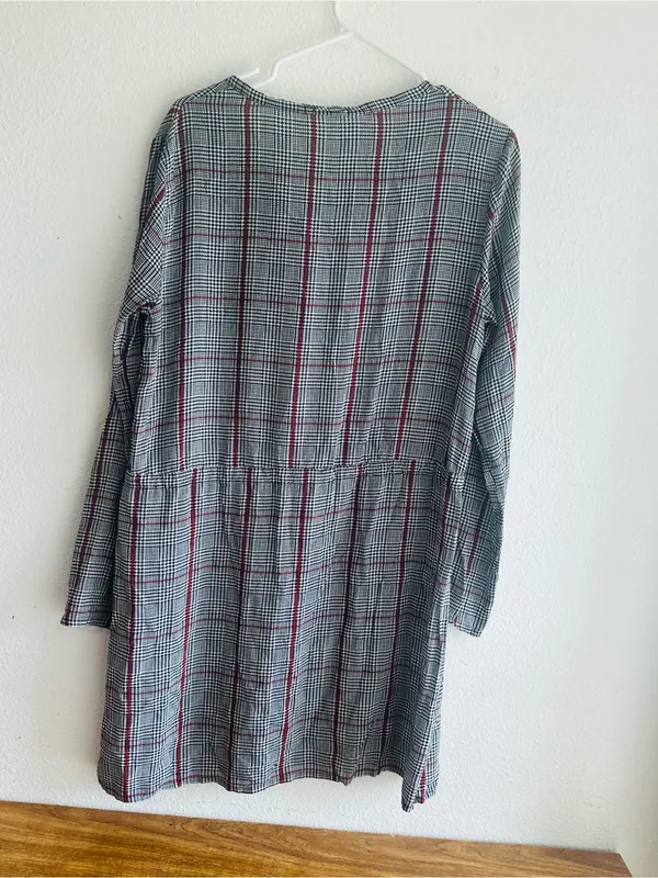 Gray Plaid Long-Sleeve Drawstring Waist Dress - Image 4