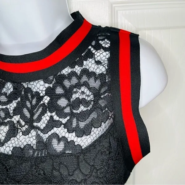 BAKU Fitted Black Lace Midi Dress Red Stripe Trim S - Image 4