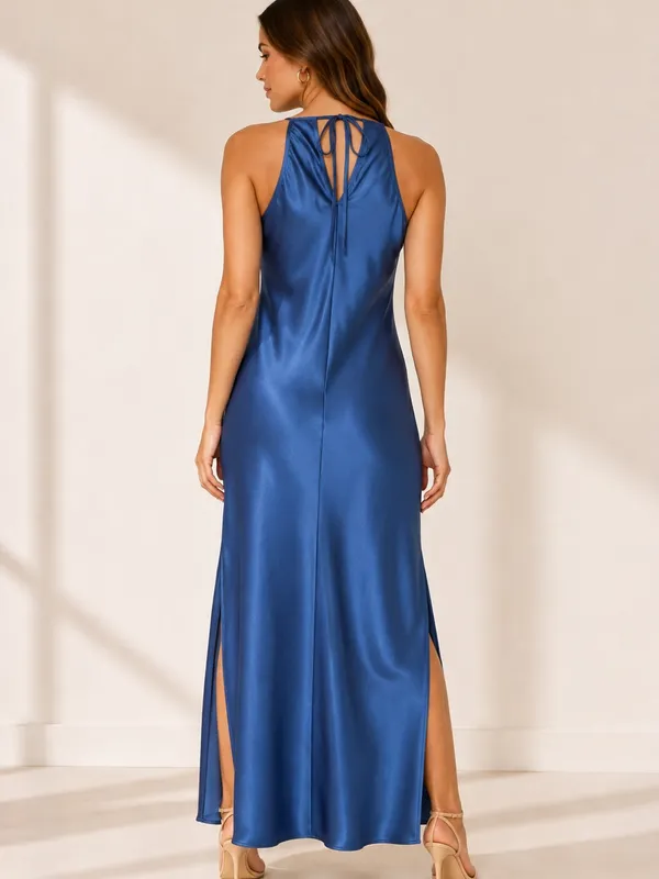 A New Day Women’s Blue Satin Halter Neck Maxi Dress Side Slit Size Medium NWT - Image 2