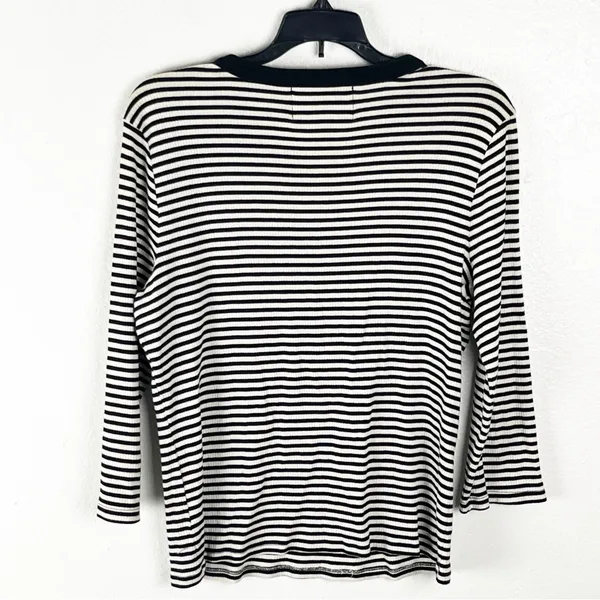 LAUREN RALPH LAUREN Black White Striped Long V-Neck Button Accent Top Large - Image 2