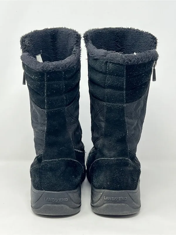 Lands’ End Black Suede Quilted Winter Boots Faux Fur Women’s 8.5 - Image 7