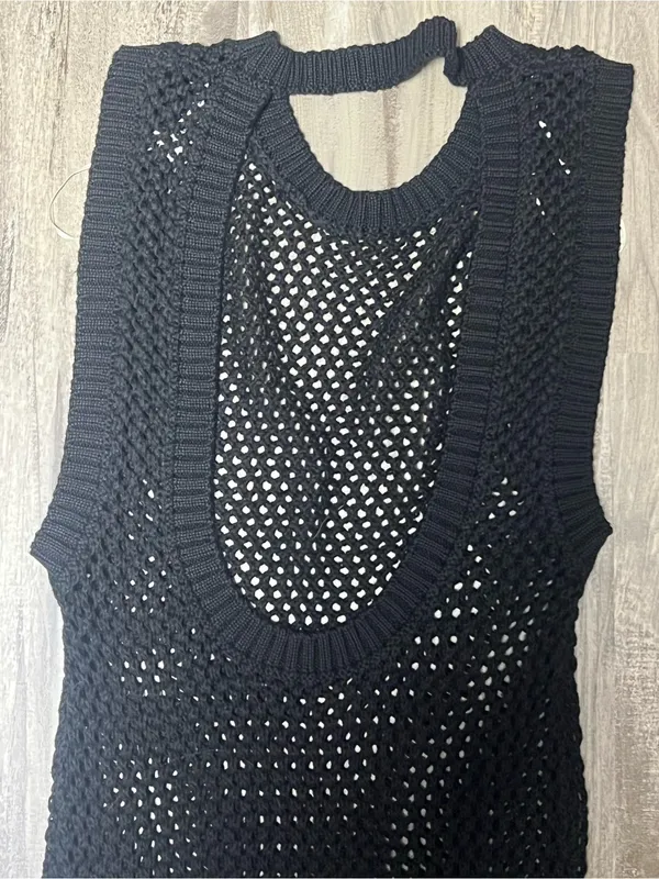 HYFVE Black Open Knit Crochet Open Back Maxi Dress Swim Coverup Size L - Image 6