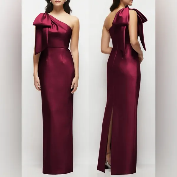 NEW Alfred Sung Bow Detail One-Shoulder Satin Twill Column Gown Sz 4 Cabernet - Image 2