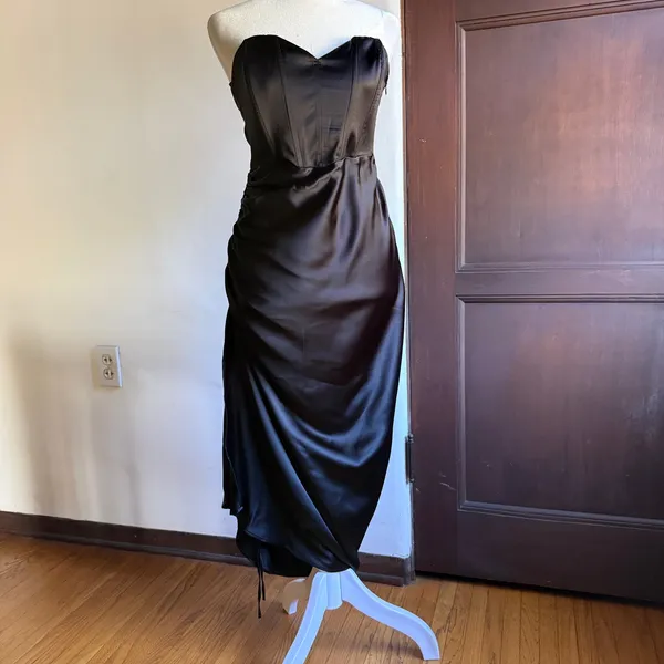 ZARA | Black Satin Corset Top Ruched Midi Skirt with Slit Cocktail Dress | Small - Image 2