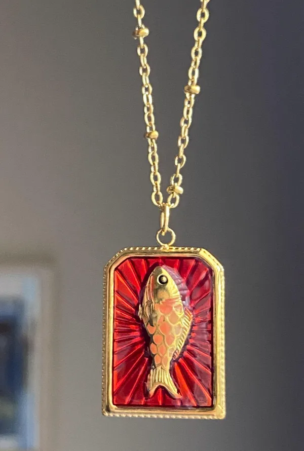 Handmade gold tone stainless steel & enamel fish necklace 🐟🌀 - Image 2