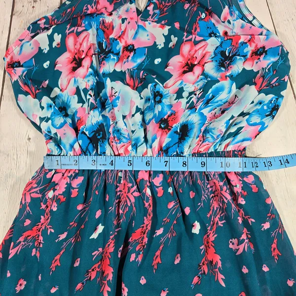 Fate Floral Maxi Dress Teal‎ Blue Pink Spaghetti Strap Elastic Waist M Halter - Image 13