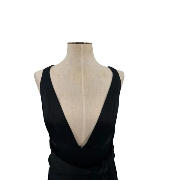 Free People Black Plunge Open Back‎ Maxi Dress Tie Waist High Slit Gown US 2 - Image 2