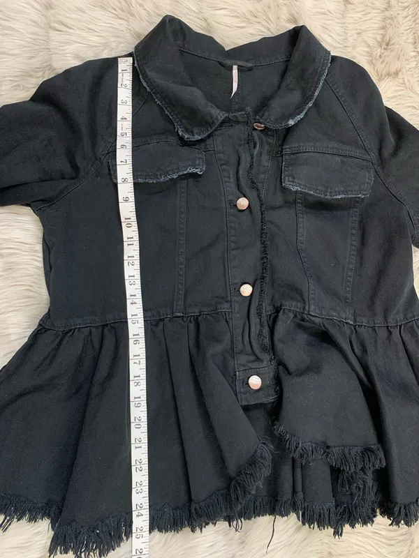 Free People Willow Black Denim Jacket Peplum Raw Hem Lace Up Cuff Military Medium - Image 8