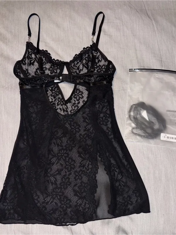 Shein Small Black Lace Mesh High Slit Mini Lingerie Dress, Rhinestone Wired Cups - Image 7