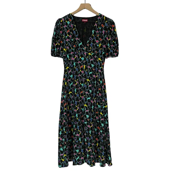 STAUD Milla Puff-Sleeve Midi-Dress - Black Abstract Wave - 4 - Image 8