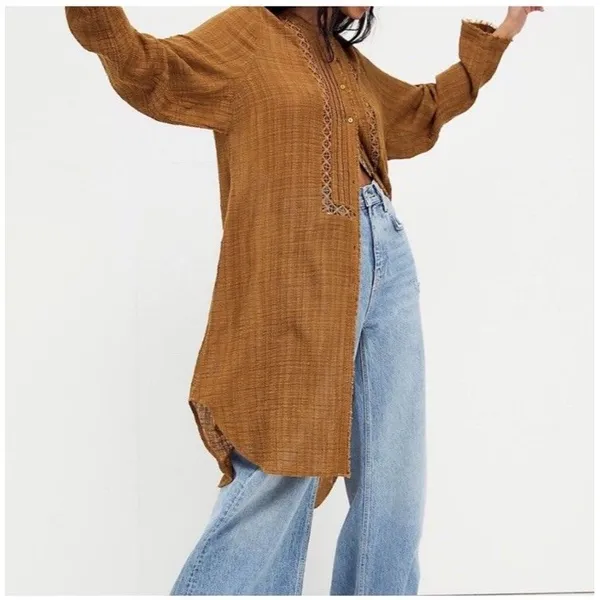 Free People One Top Womens Size XS Aubin Maxi Button Down Tabacco Brown Boho - Image 2