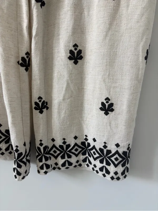 Zara Off White Black Linen Blend Geometric Boho French Countryside Casual Pants - Image 3