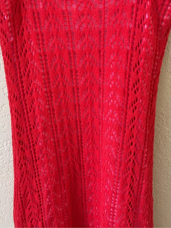 Source Unknown Red Crochet Knit Mini Dress XS S Pink Contrast Lining Strappy Summer Festival - Image 5