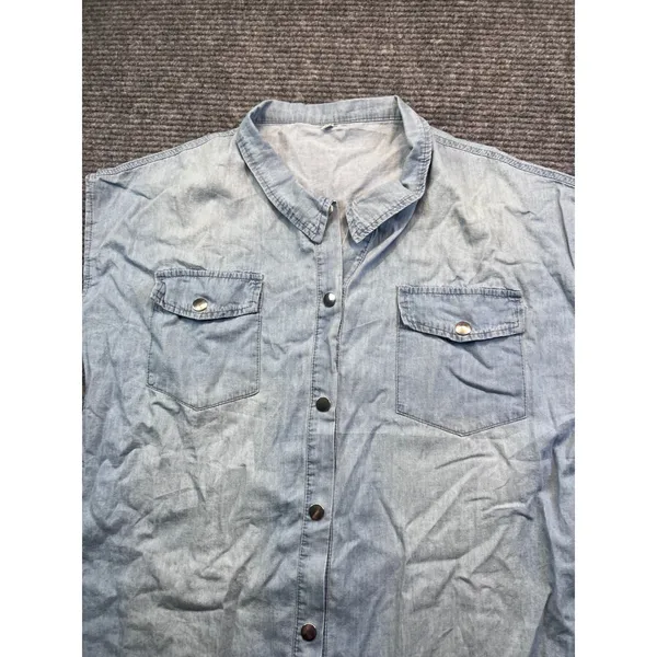 Sleeveless Light Wash Chambray‎ Denim Shirt Dress Snap Front Collared Blue Large - Image 3