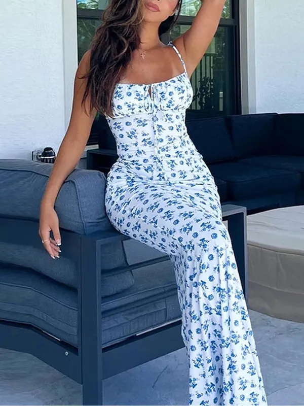 Floral Sleeveless Bustier Spaghetti Strap Bodycon Sexy Long Maxi Dress - Image 6