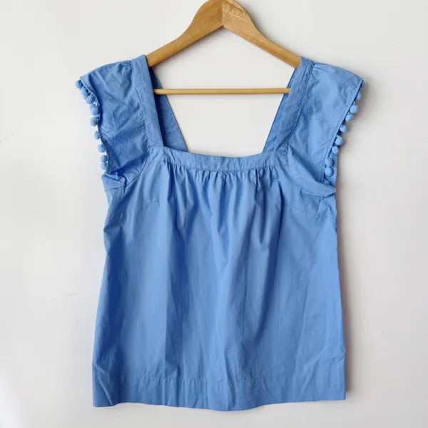 J.Crew‎ Blue Pom Pom Top Square Neck Sleeveless Blouse Size 00 - Image 5