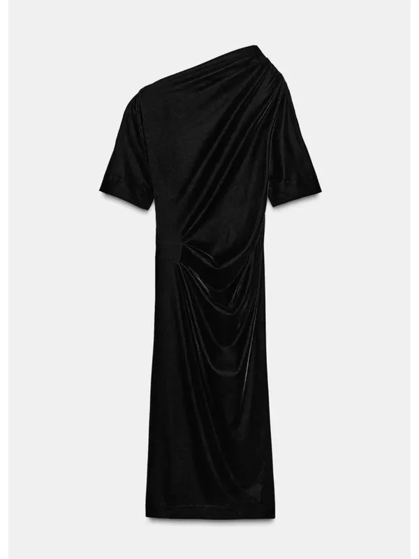 Zara ZW COLLECTION VELVET DRESS Black‎ One-Shoulder Midi Dress - Image 5