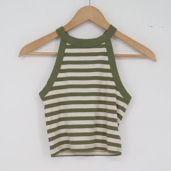 American Eagle Tank Top Womens S Striped Green Ribbed Knit Cropped Excellent - Image 2