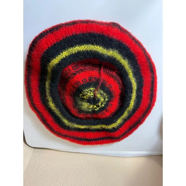 MZ Wallace Wool‎ Beret Hat Striped Red Black Yellow Pom Pom Made in Scotland - Image 7