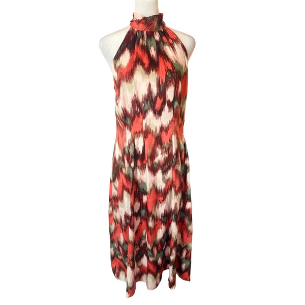 Banana Republic Halter Midi Dress Womens 6 Orange‎ Green New Abstract Ikat Print - Image 2
