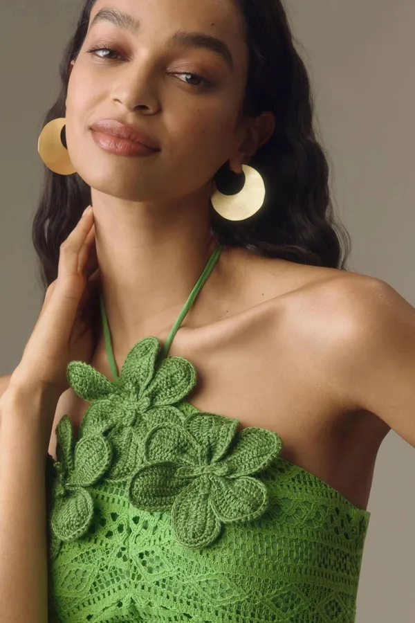 Farm Rio NWT Halter Floral Ruffle Crochet Mini Dress in green. Size XL - Image 3