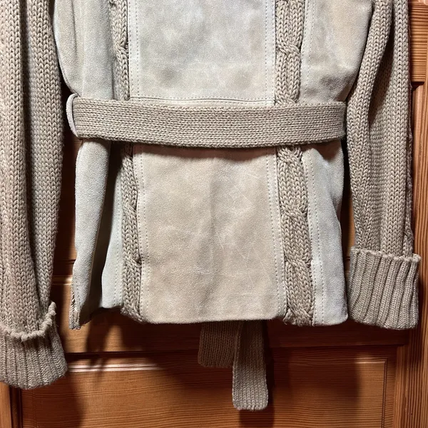 California vintage VTG 70s Women's Suede Leather Belt Knit Cardigan Sweater Jacket Beige Size Small - Image 9