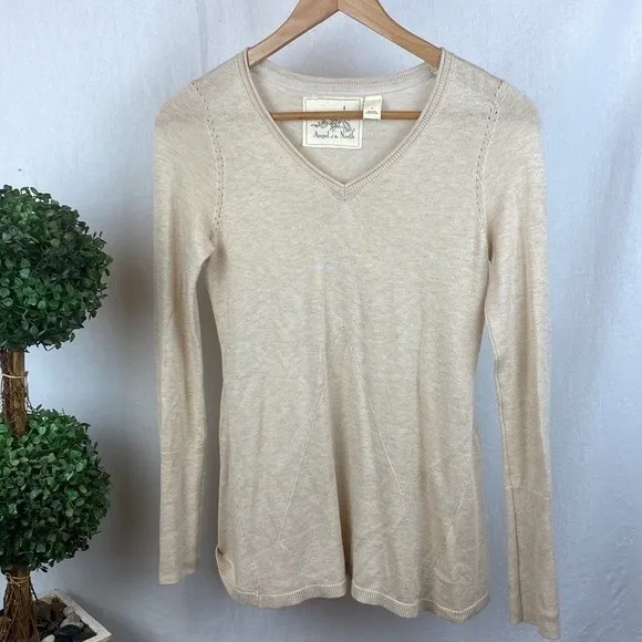 Anthropologie Angel of The North Tan Knit Long Sleeve V Neck Sweater S - Image 2