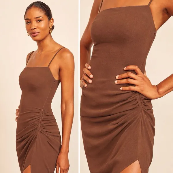 Reformation Mignon Ruched Spaghetti Strap Body Con Midi Dress in Toffee Brown - Image 4