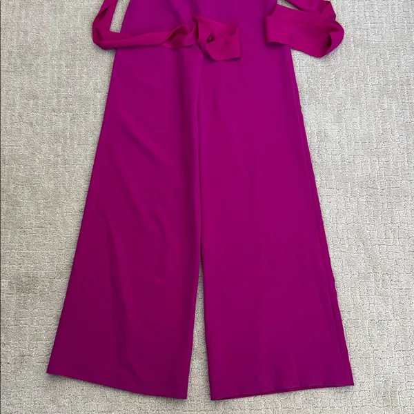 Milly Brooke Strapless silk Magenta Sash Waist Wide Leg Italian Cady Jumpsuit - Image 3