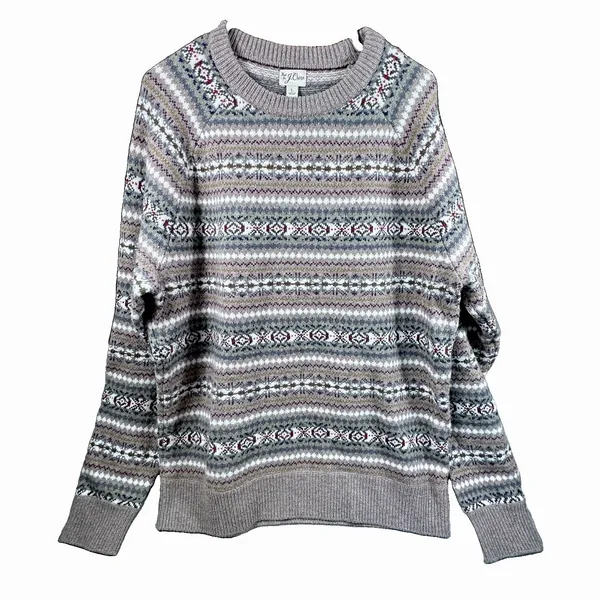 J Crew 100% Merino Wool Intarsia Sweater Gray Purple Fair Isle Womens Large - Image 2