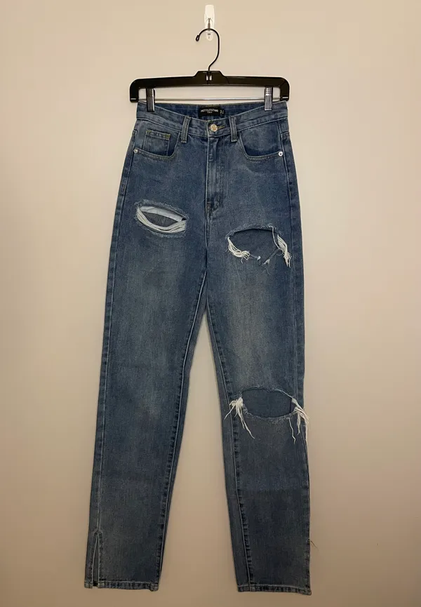 PrettyLittleThing Ripped High Waist Split Hem Jeans, Blue, Size 2 Tall, EUC - Image 8