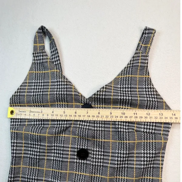 Grey‎ Yellow Plaid Button Front Mini Dress Sleeveless V-Neck A-Line Pinafore - Image 6