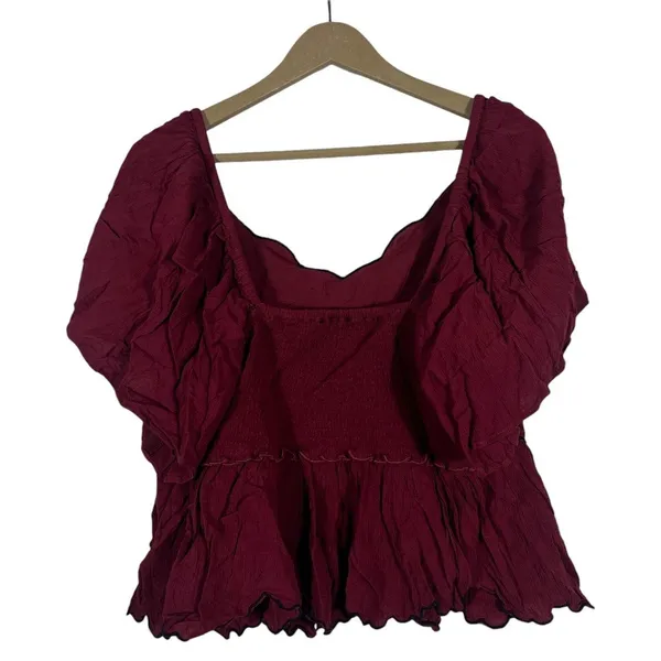 Sanni Embroidered Floral Peplum Flutter Sleeve Top Burgundy Boho Size XL - Image 3