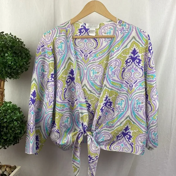 Soft Surroundings 100% Silk White Print Tie Waist 3/4 Sleeve Blouse Top 2X - Image 2