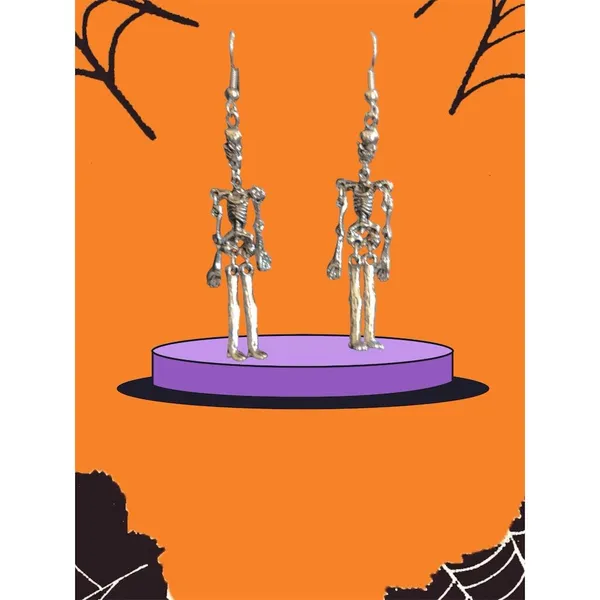 Silver Halloween Skeleton Dangle Earrings Gothic Vintage Style - Image 3