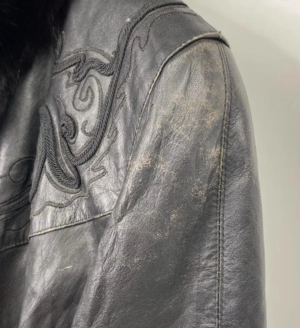 Vintage Leather Penny Lane Style Long Coat Black Real Fur Trim Womens Small - Image 5