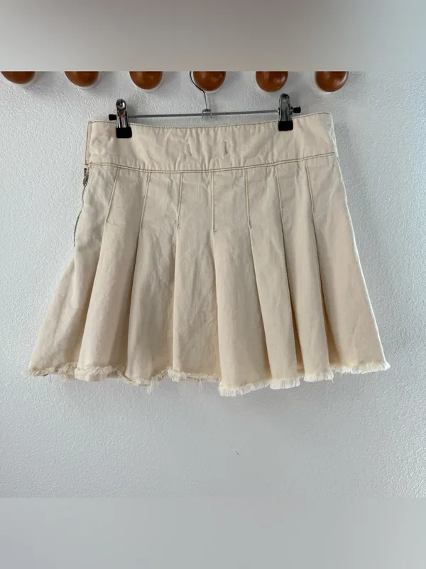 Free People We The Free Old Skool Pleated Mini Skirt Cream Cotton Denim 28 - Image 4
