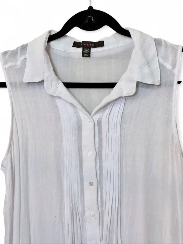Fever White Sleeveless Collared Button Up Blouse with Pleated Front Sz M - Image 5