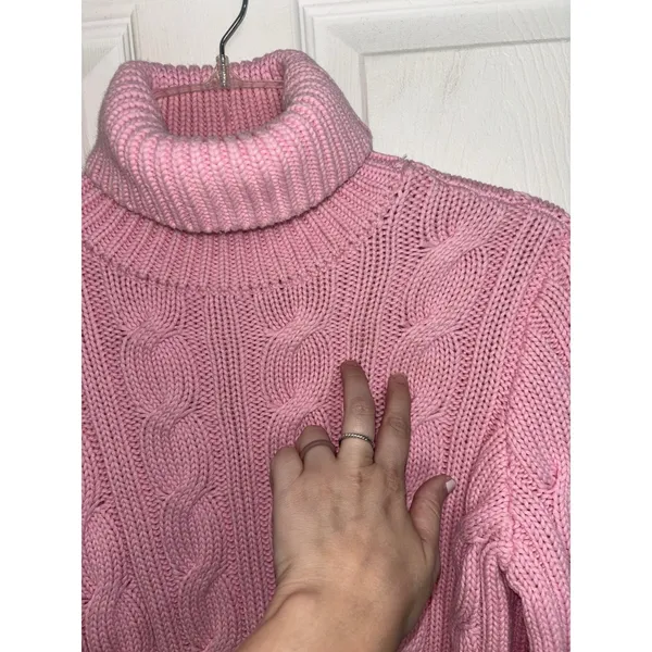 Y2K Lauren Ralph Lauren Pink Chunky Cable Knit Turtleneck Sweater M/L Preppy - Image 5