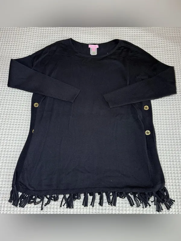 Lilly Pulitzer Ramona Fringe Sweater Navy Small Side Button Preppy Tight Knit - Image 2