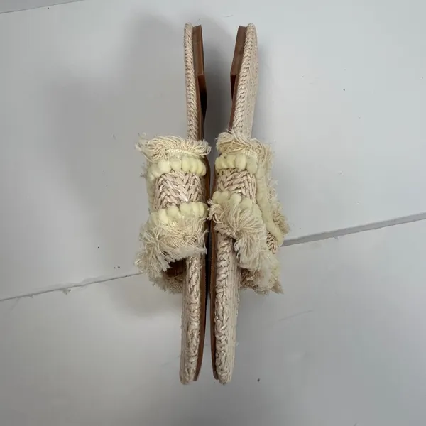 Woven Straw Slide Sandals Beige Fringe Pom Pom Trim‎ Flat Beach Size 10 - Image 5