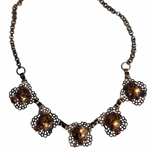 Vintage Copper Filigree Necklace w Goldstone & Turquoise tone Beads - Image 9
