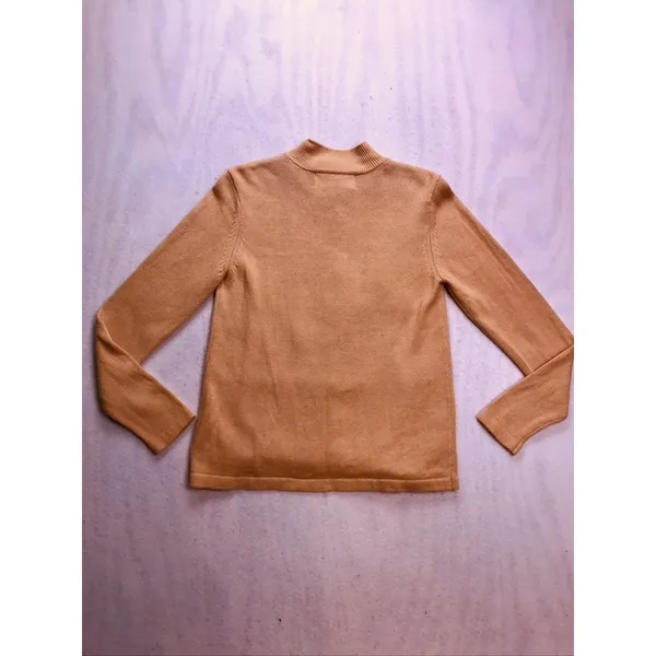 Terry Lewis Sweater Womens Medium Tan Leather Trim Ramie‎ Cotton Mock Neck - Image 16