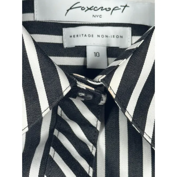 Foxcroft NYC Size 10 Non Iron Shirt Black White Striped Button Front Blouse - Image 9