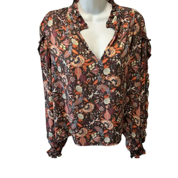 Evereve Clara Floral Paisley Long Sleeve V Neck Blouse/Top M Ruffle Trim Career - Image 5