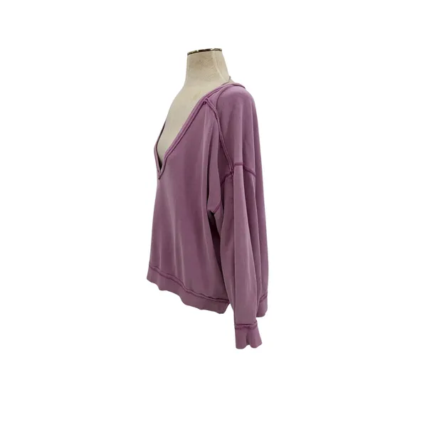 Free People‎ We The Free Oversized V Neck Raw Seam Sweatshirt Purple Small - Image 2